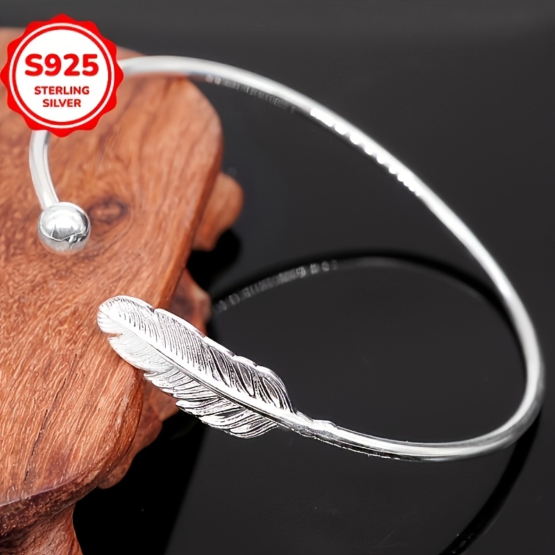 Women's Minimalist Feather Beaded Open Bangle Bracelet, Elegant Gift